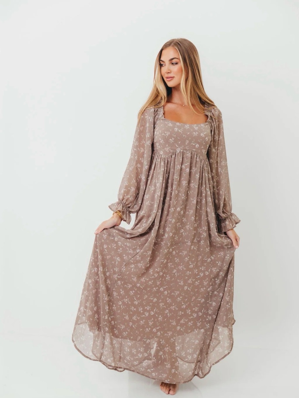 Floral Square Neck Maxi Dress in Taupe